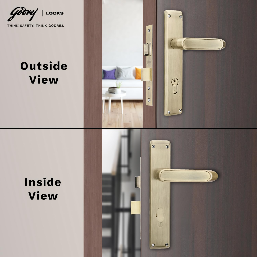 Godrej Mortise Lock|Handle Lock Set for Main & Internal Door of Home & Offices|NEH 21|Antique Brass Finish|8 inch Lockbody|60 mm Cylinder Key from Outside knob from Inside with 3 Keys|5 Years Warranty